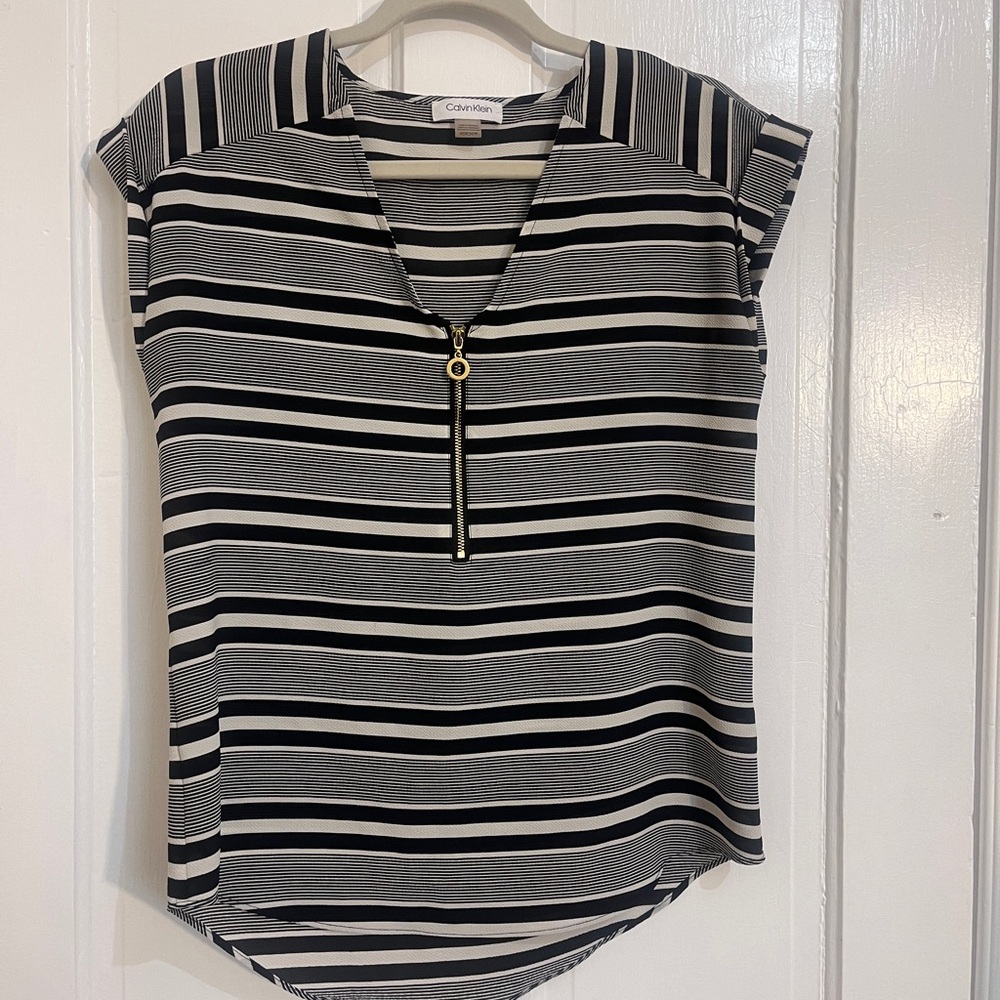Calvin Klein Black & White Striped Zip-Front Women’s Top XS